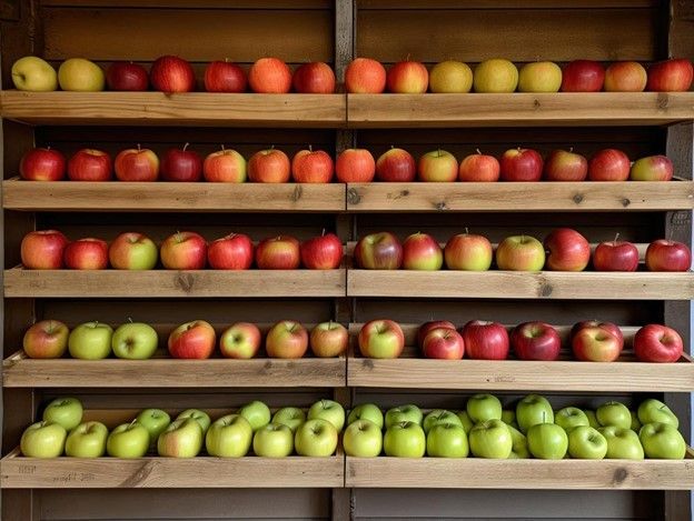 Apples arranged in shelf - apples cold storage concept